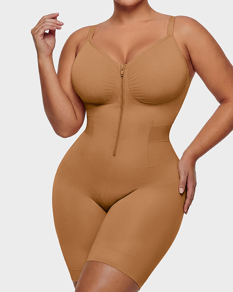 Front-Zip Mid-Thigh Shapewear Bodysuit - FirmaSculpt