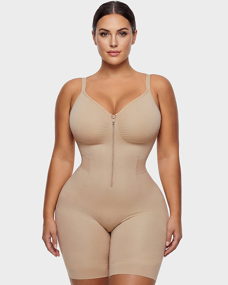 Front-Zip Mid-Thigh Shapewear Bodysuit - FirmaSculpt