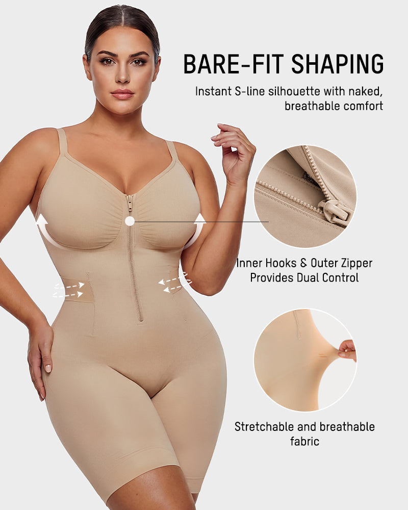 Front-Zip Mid-Thigh Shapewear Bodysuit - FirmaSculpt