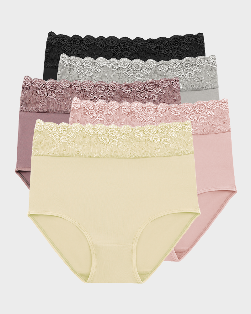 Lace Trim Cotton Hipster Knickers 5-Pack - FirmaLace