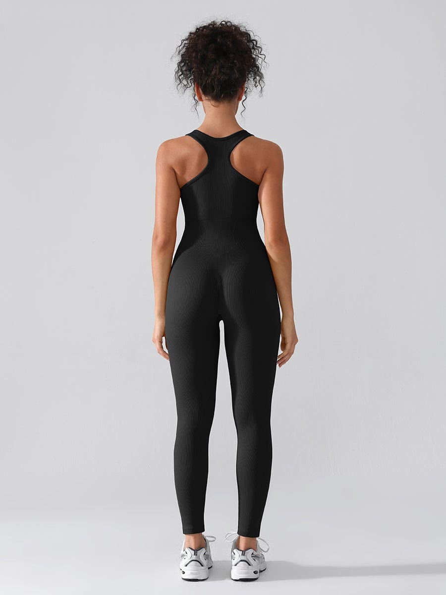 Seamless Zip Front Racerback Full-Length Sport Shaping Jumpsuit - FirmaActive