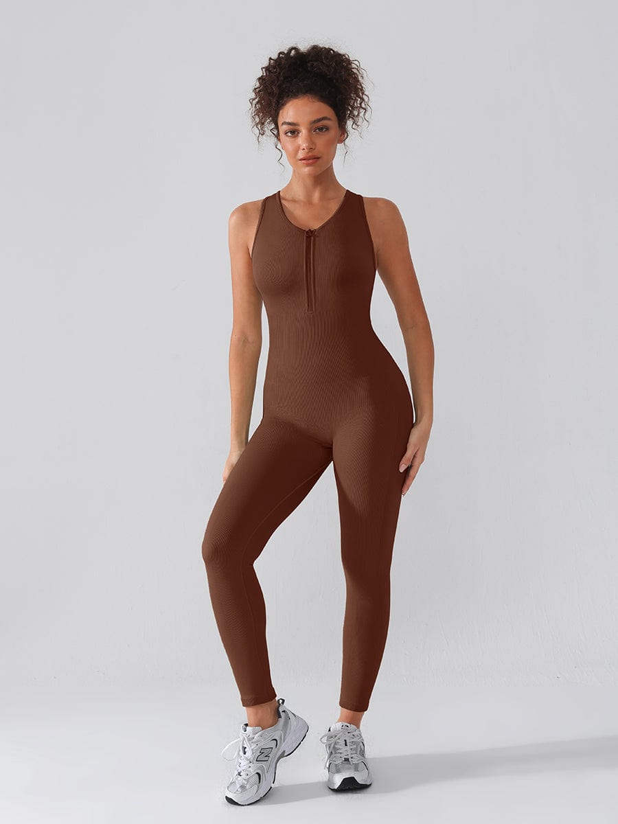Seamless Zip Front Racerback Full-Length Sport Shaping Jumpsuit - FirmaActive