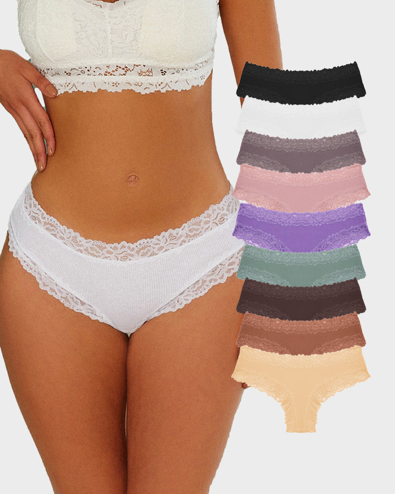 Ribbed Cotton Lace Mid-Rise Knickers 9-Pack - FirmaLace