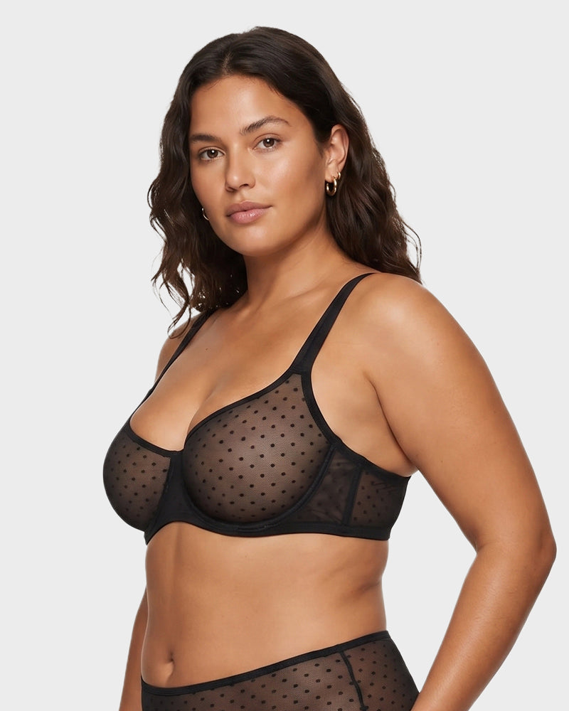 Sheer Unlined Dot-Mesh Balconette Bra - FirmaLace