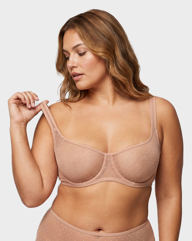Sheer Unlined Dot-Mesh Balconette Bra - FirmaLace