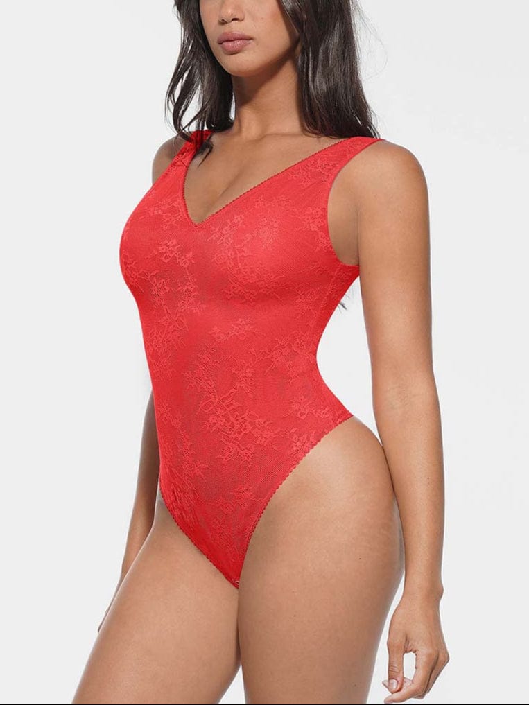 Seamless Deep V-Neck Lace Shaping Thong Bodysuit - FirmaLace