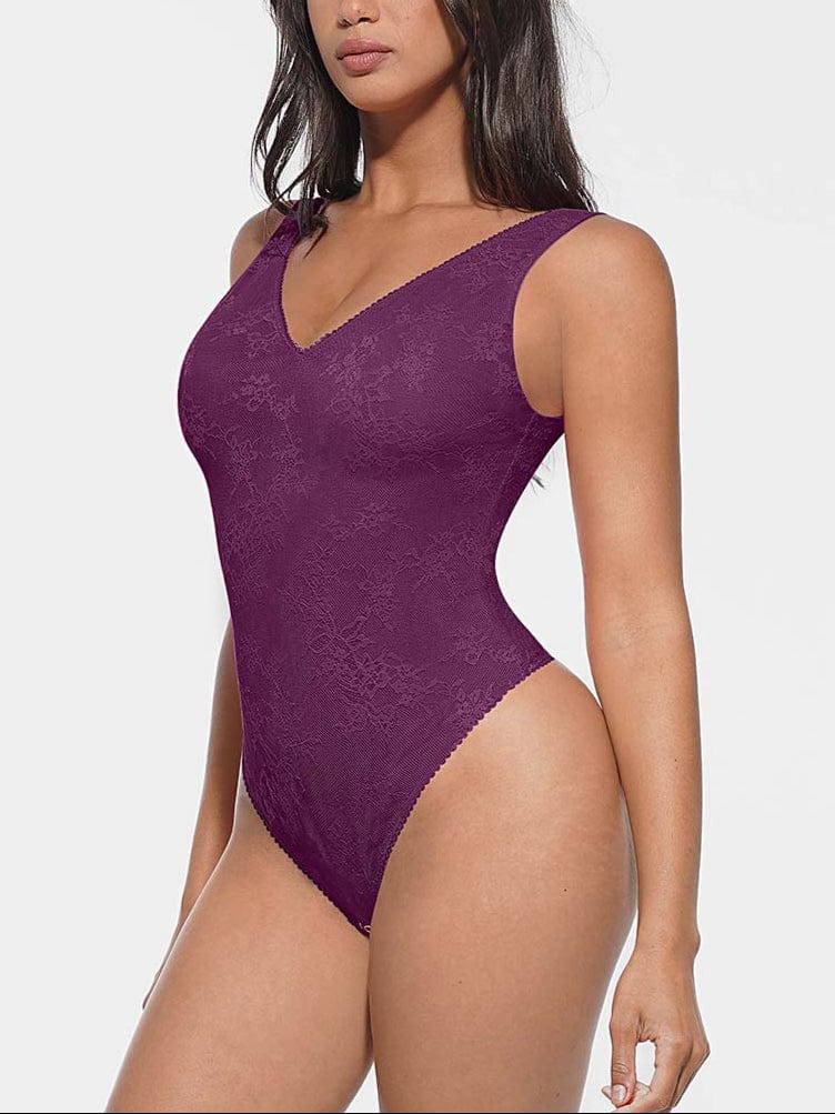 Seamless Deep V-Neck Lace Shaping Thong Bodysuit - FirmaLace