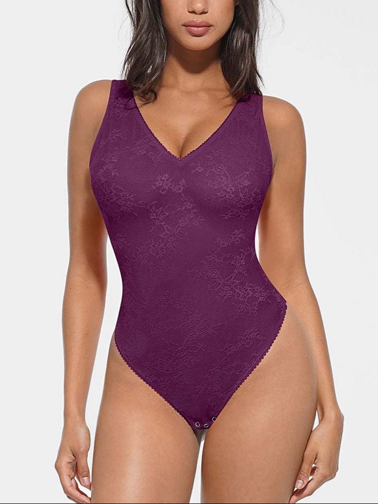 Seamless Deep V-Neck Lace Shaping Thong Bodysuit - FirmaLace