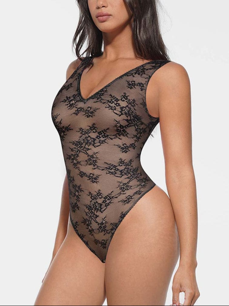 Seamless Deep V-Neck Lace Shaping Thong Bodysuit - FirmaLace