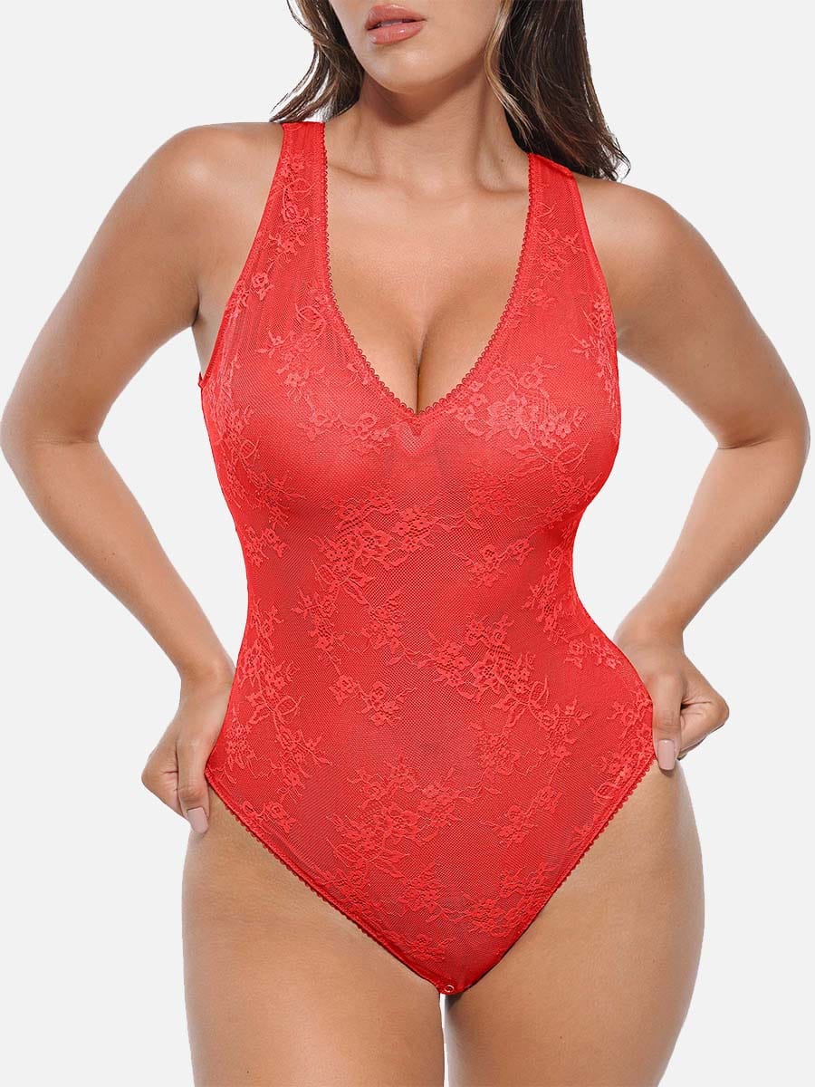 Seamless Deep V-Neck Lace Shaping Thong Bodysuit - FirmaLace