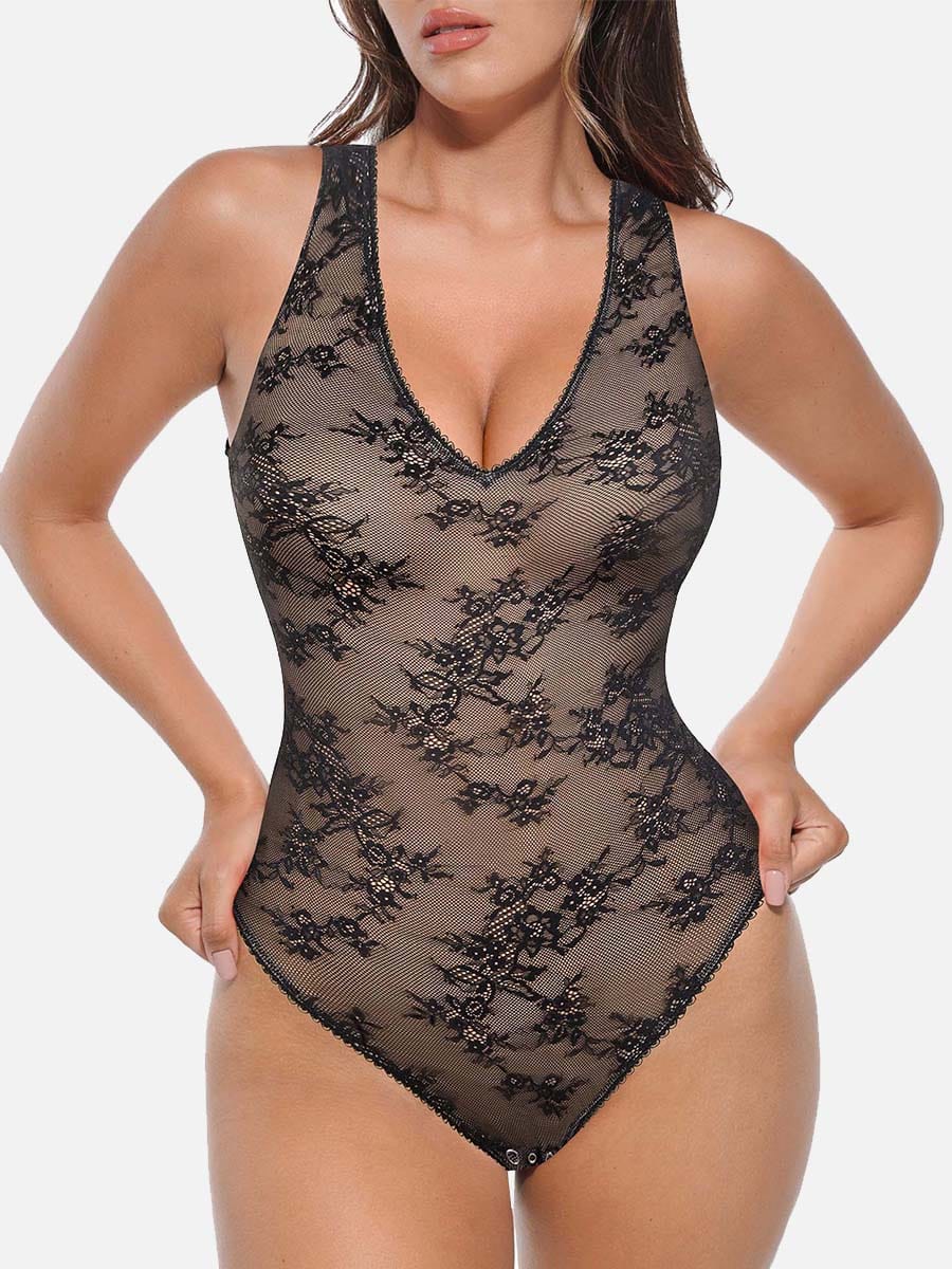 Seamless Deep V-Neck Lace Shaping Thong Bodysuit - FirmaLace