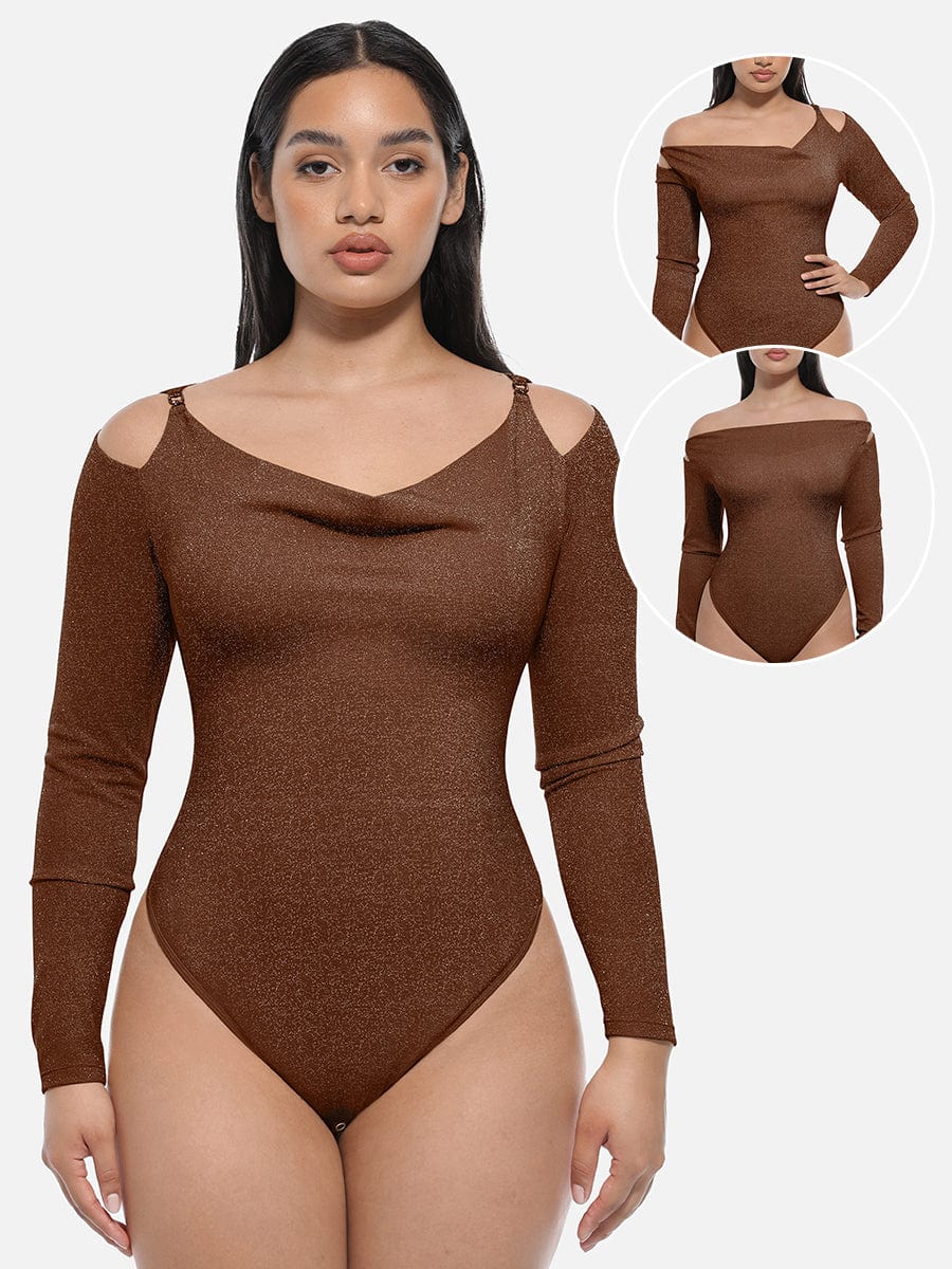 Draped Neck All-In-One Shaping Bodysuit with Built-In Bra - FirmaSculpt