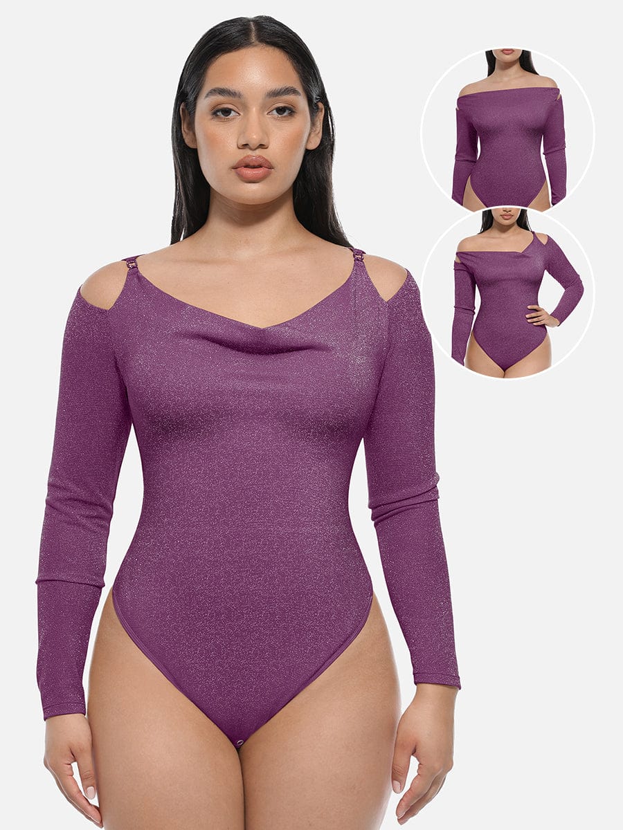 Draped Neck All-In-One Shaping Bodysuit with Built-In Bra - FirmaSculpt