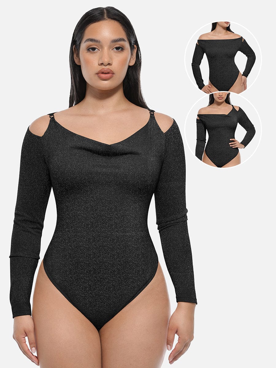 Draped Neck All-In-One Shaping Bodysuit with Built-In Bra - FirmaSculpt
