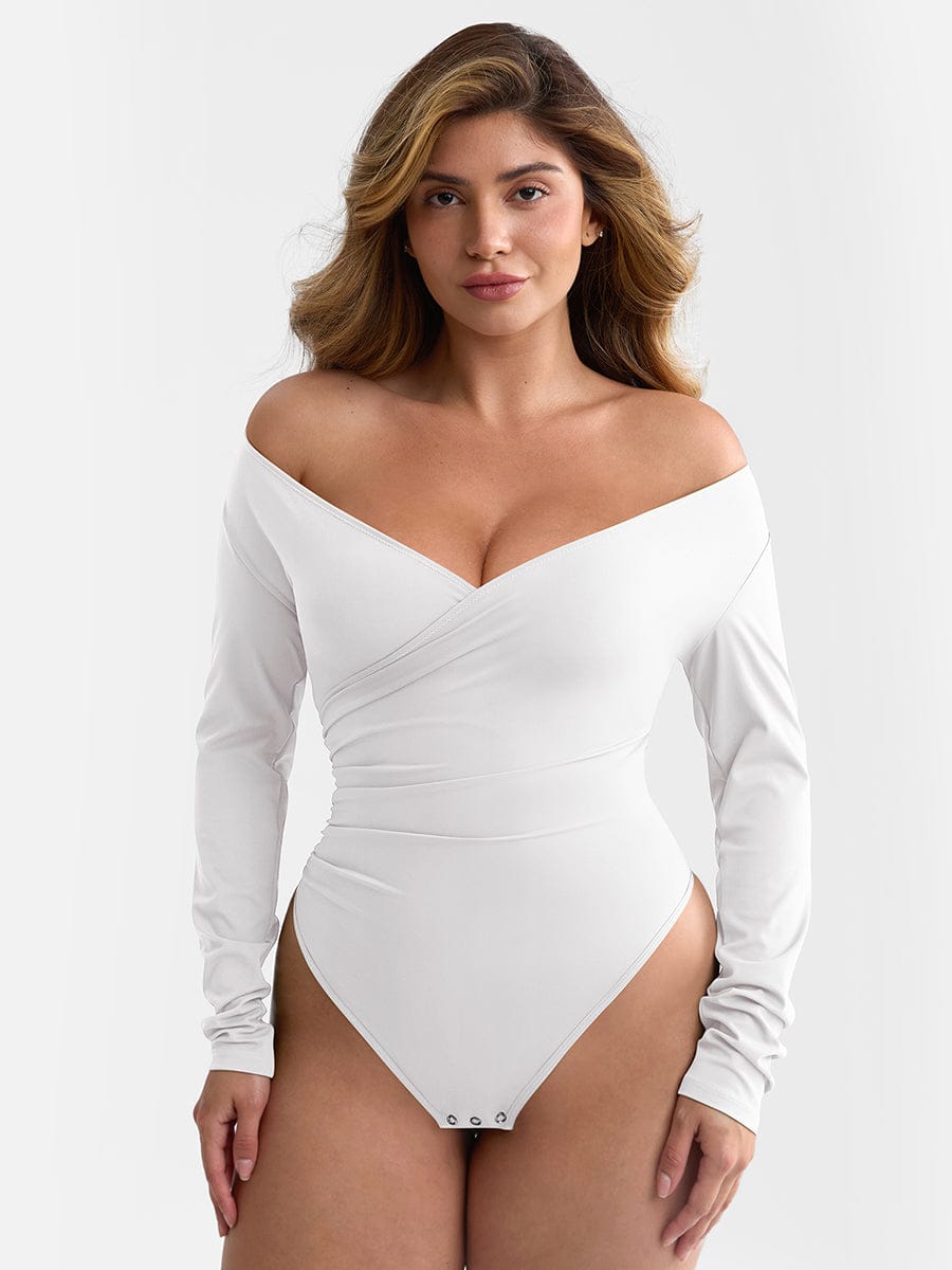 Pleated V-Neck Tummy Control Thong Bodysuit - FirmaSculpt