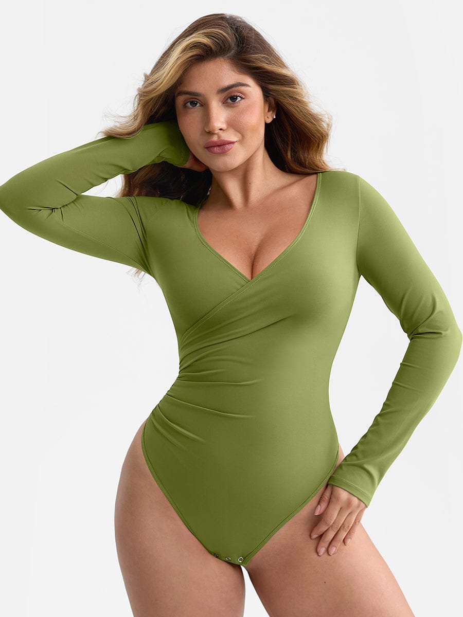Pleated V-Neck Tummy Control Thong Bodysuit - FirmaSculpt