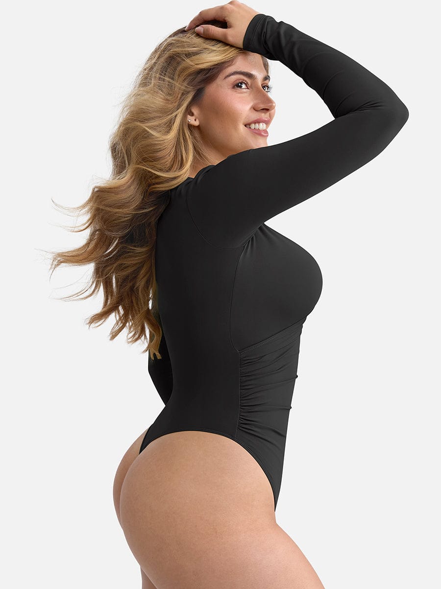 Pleated V-Neck Tummy Control Thong Bodysuit - FirmaSculpt