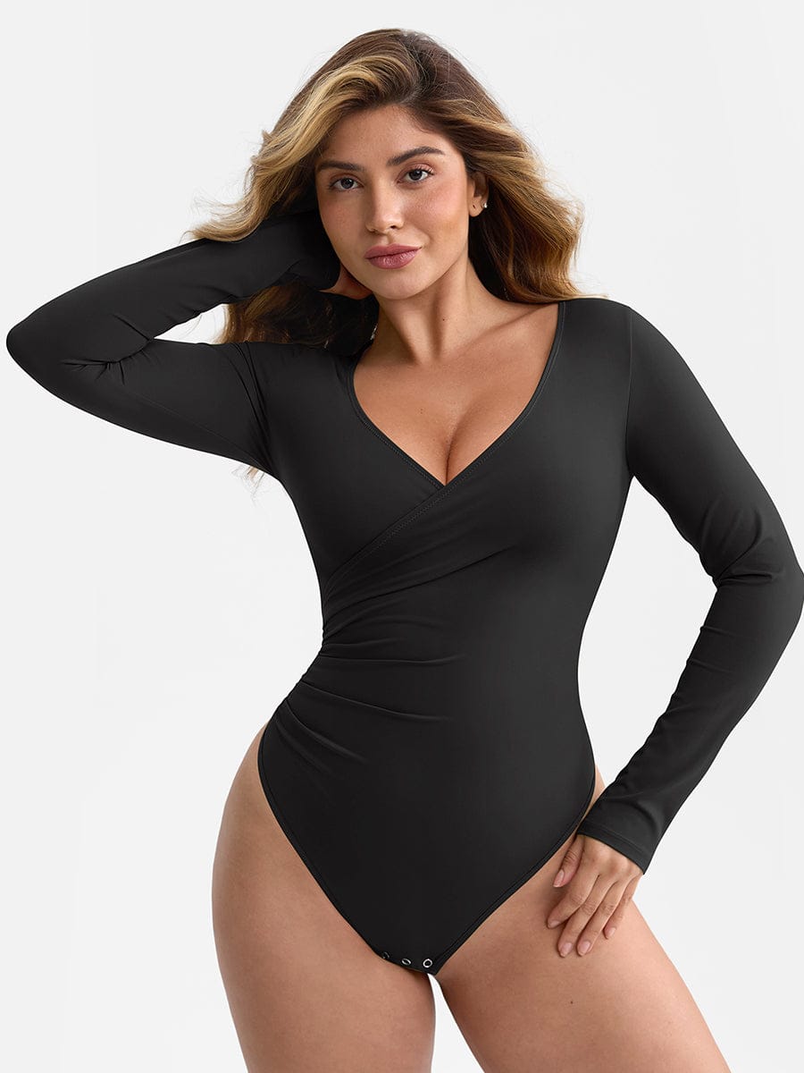 Pleated V-Neck Tummy Control Thong Bodysuit - FirmaSculpt