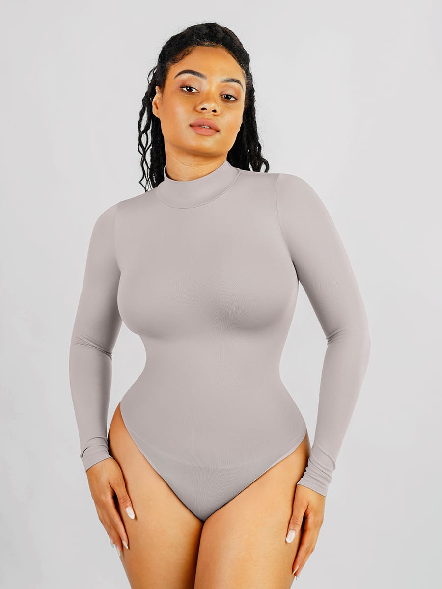 Seamless Eco-friendly Turtle Neck Long Sleeve Thong Bodysuit - FirmaFlex