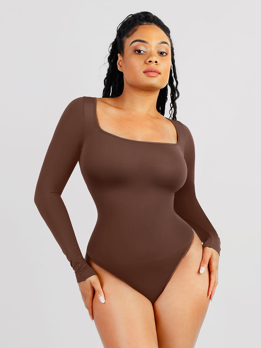 Seamless Eco-friendly Square Neck Long Sleeve 360° Waist Control Thong Bodysuit - FirmaActive