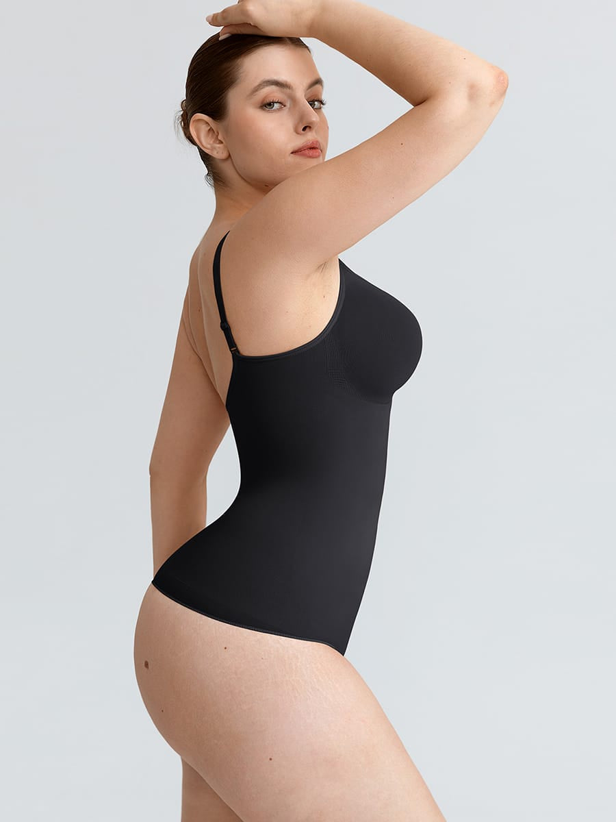 Seamless V Neck Ruched Bust Tummy Control Thong Shaping Bodysuit - FirmaActive
