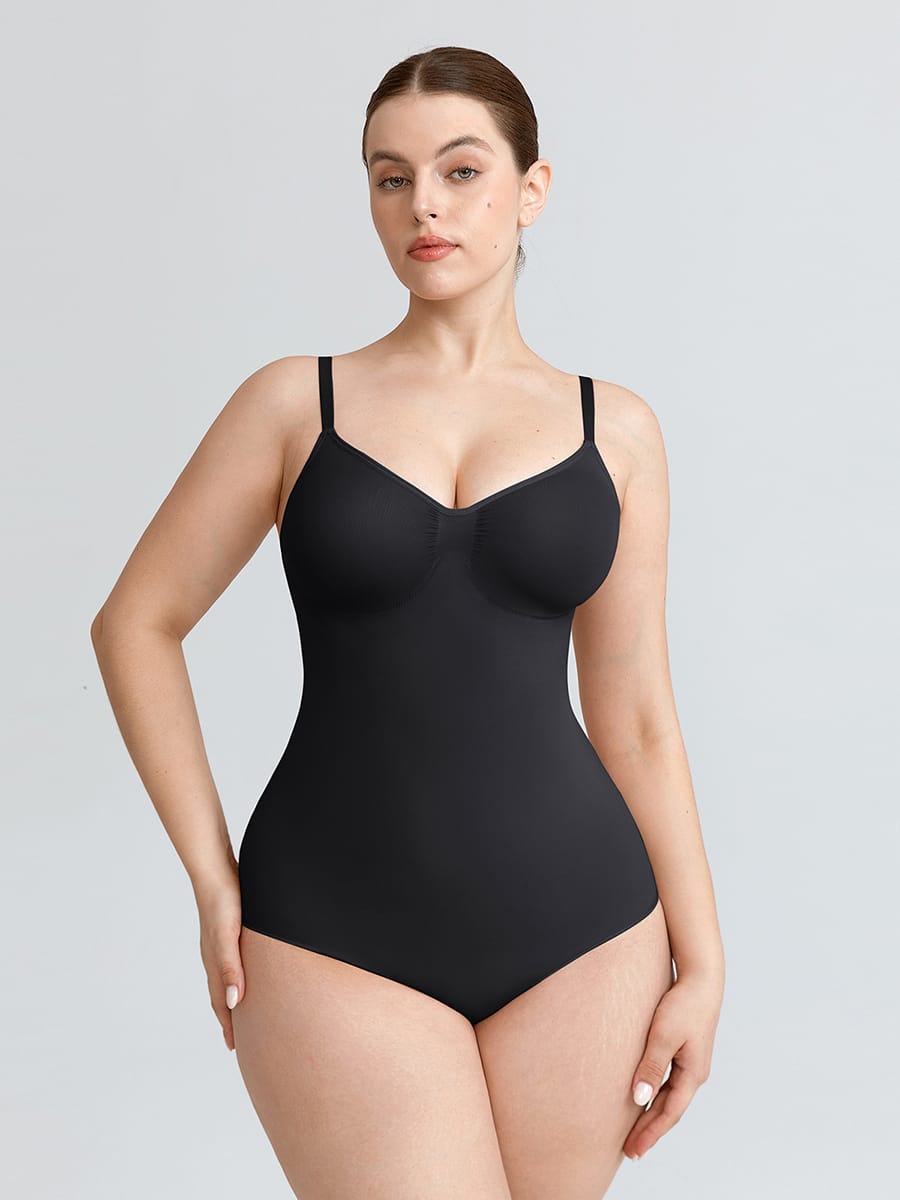 Seamless V Neck Ruched Bust Tummy Control Thong Shaping Bodysuit - FirmaActive