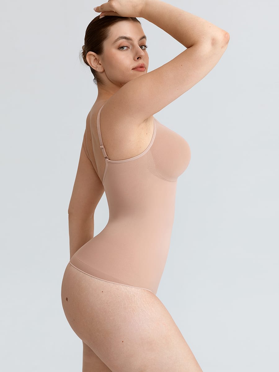 Seamless V Neck Ruched Bust Tummy Control Thong Shaping Bodysuit - FirmaActive