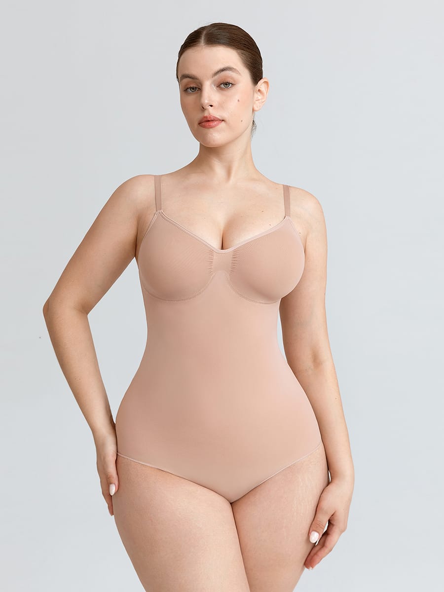 Seamless V Neck Ruched Bust Tummy Control Thong Shaping Bodysuit - FirmaActive