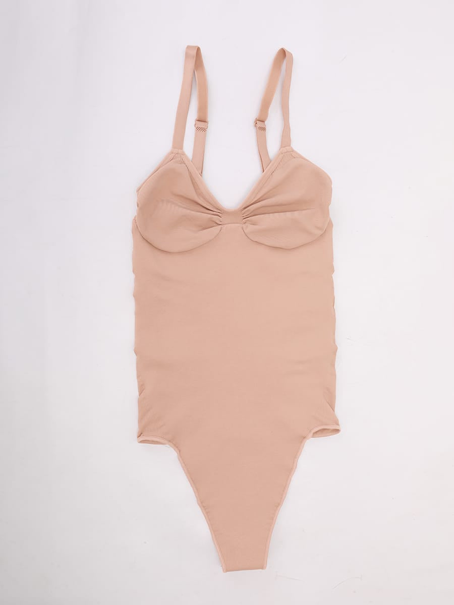 Seamless V Neck Ruched Bust Tummy Control Thong Shaping Bodysuit - FirmaActive