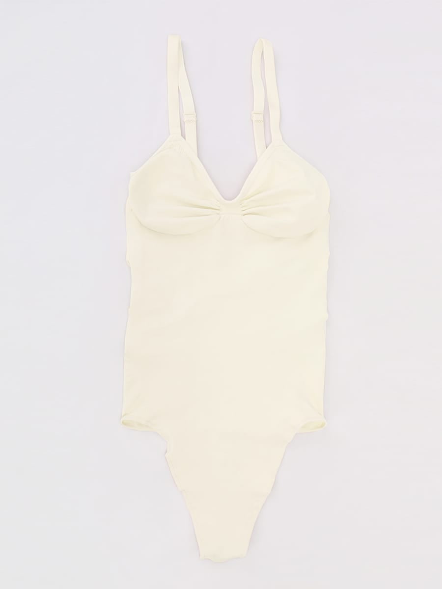 Seamless V Neck Ruched Bust Tummy Control Thong Shaping Bodysuit - FirmaActive