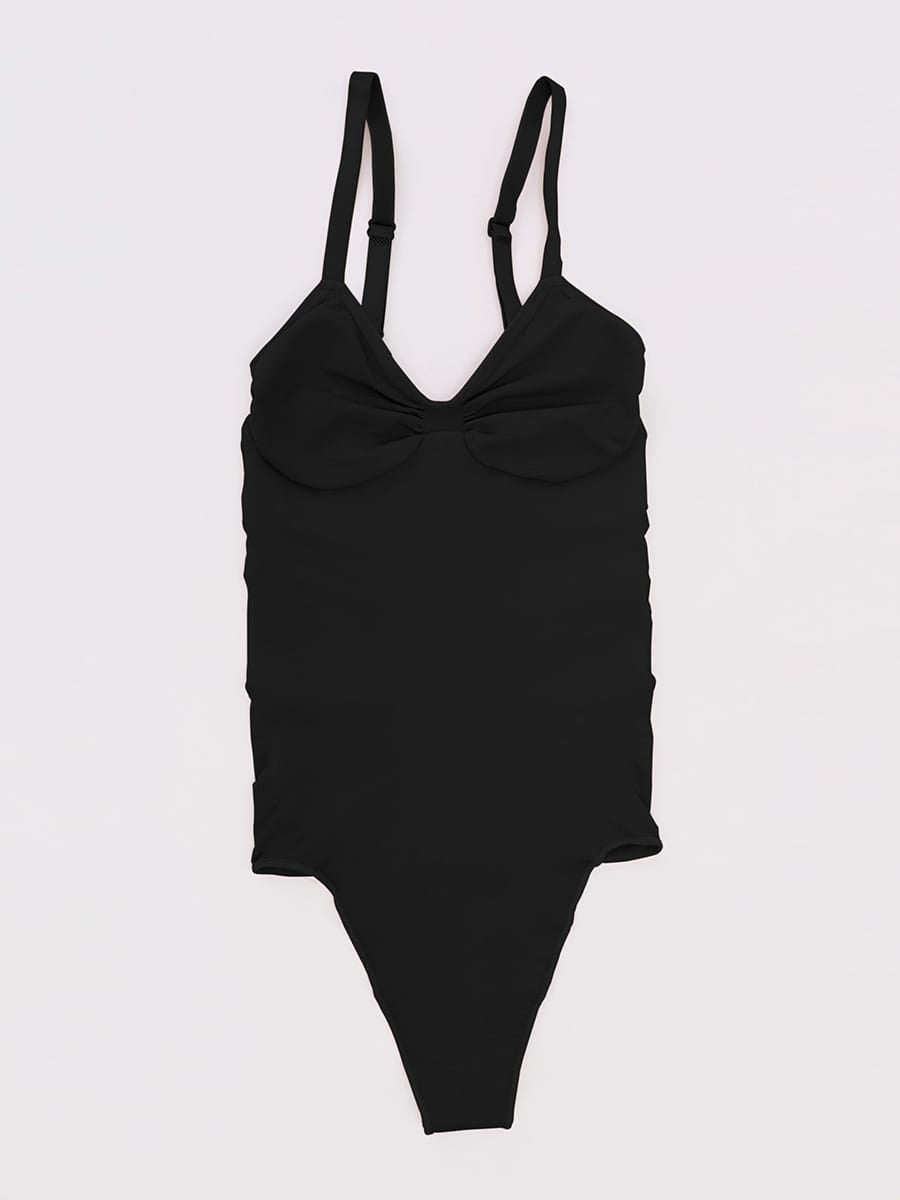 Seamless V Neck Ruched Bust Tummy Control Thong Shaping Bodysuit - FirmaActive