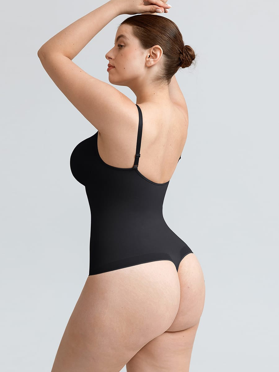 Seamless V Neck Ruched Bust Tummy Control Thong Shaping Bodysuit - FirmaActive
