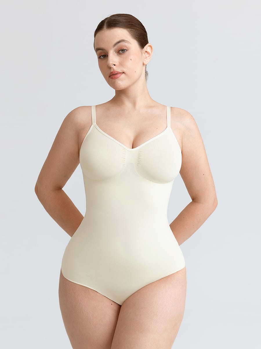 Seamless V Neck Ruched Bust Tummy Control Thong Shaping Bodysuit - FirmaActive
