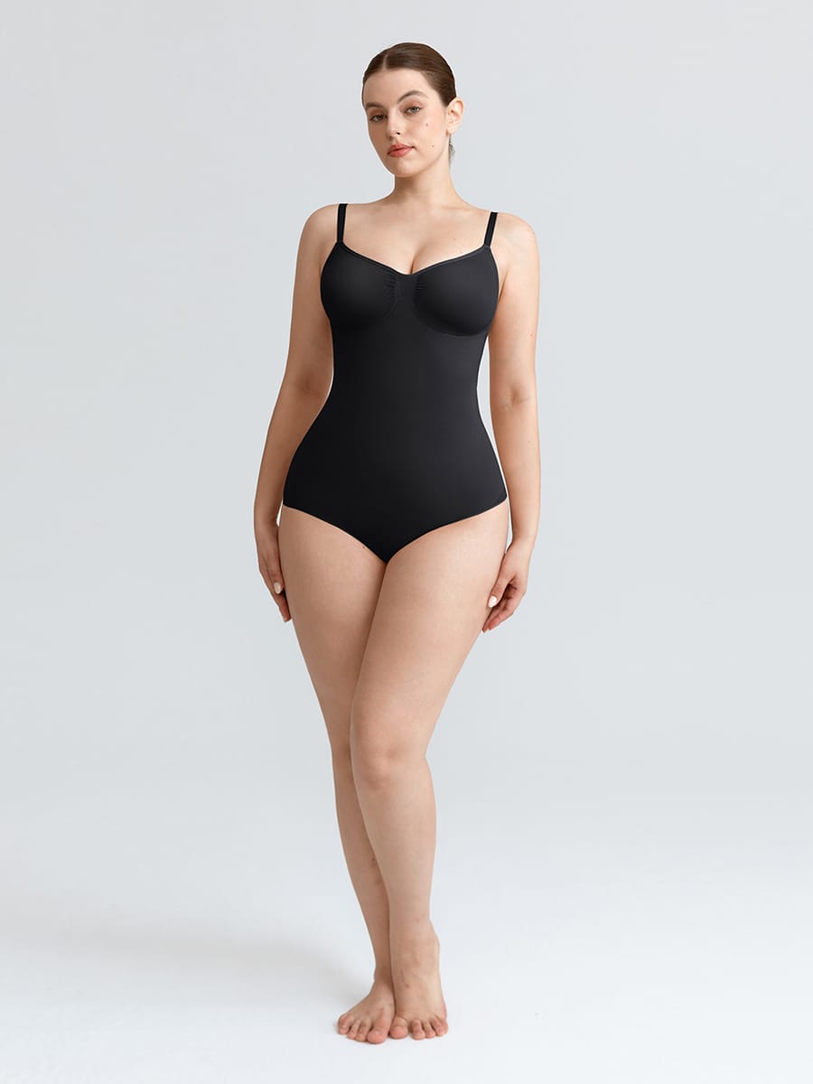 Seamless V Neck Ruched Bust Tummy Control Thong Shaping Bodysuit - FirmaActive