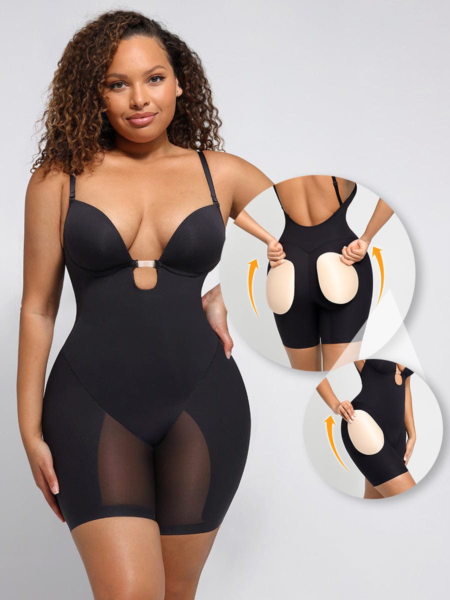 Plunge Low-Back Mid-Thigh Body Shaper with Removable Butt and Hips Pads - FirmaActive