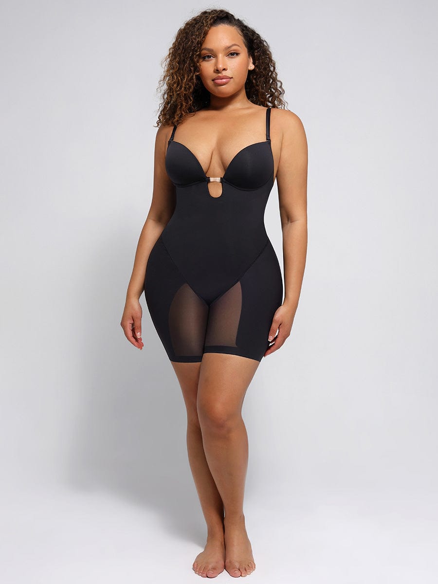 Plunge Low-Back Mid-Thigh Body Shaper with Removable Butt and Hips Pads - FirmaActive