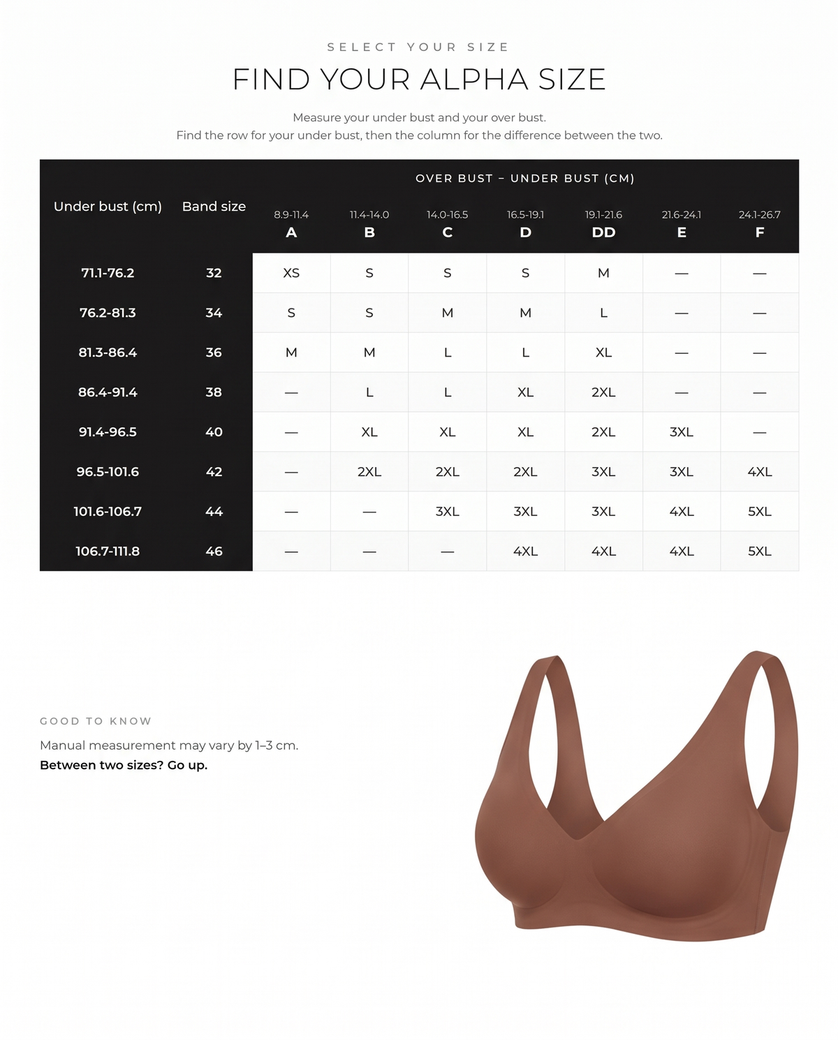 Seamless Deep-V Wireless Push-Up Bra - FirmaLift size guide