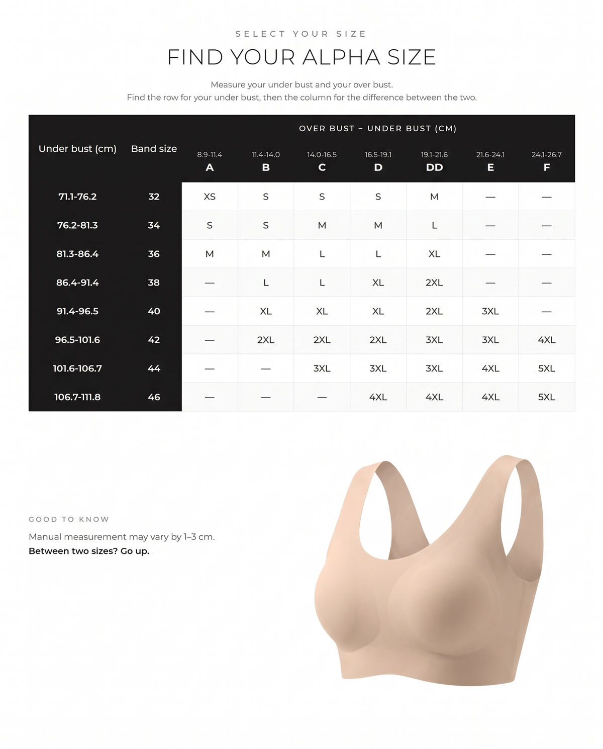 Seamless Wireless Full-Coverage T-Shirt Bra - FirmaSmooth size guide