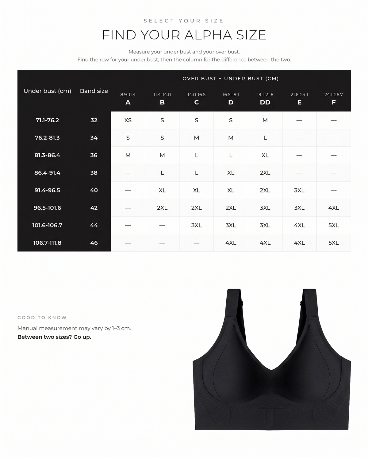 Seamless Wireless Support Bra - FirmaSoft size guide