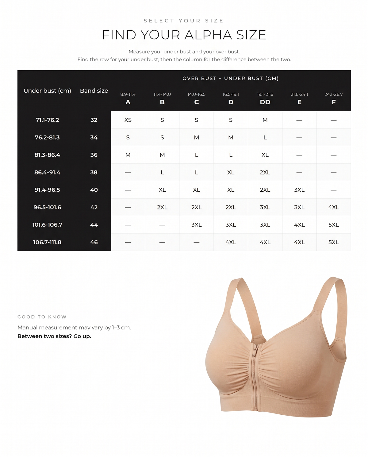 Front-Zip Wireless Support Bra - FirmaSoft size guide