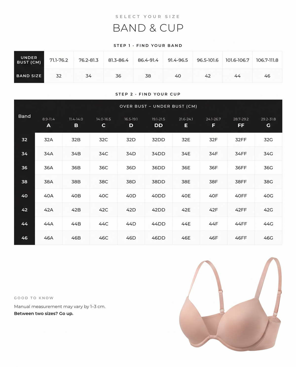 Deep-V Wire-Free Push-Up T-Shirt Bra - FirmaLift size guide