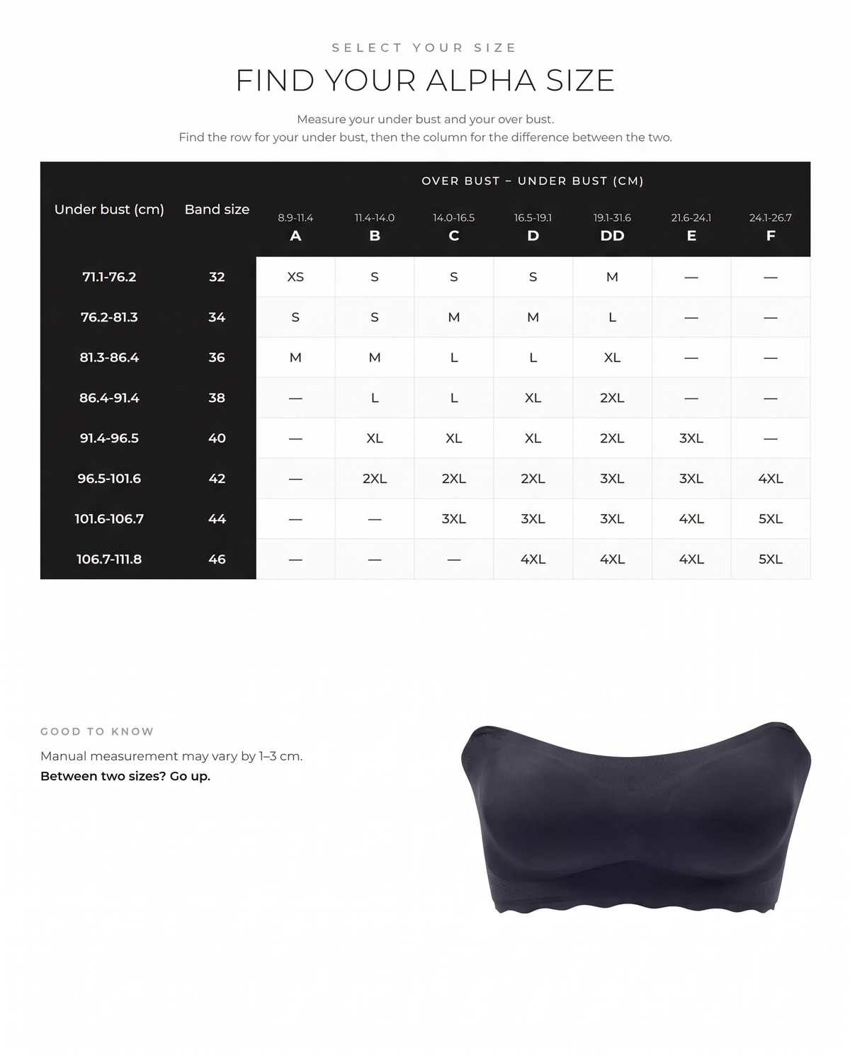 Strapless Invisible Push-Up Bra - FirmaHold size guide