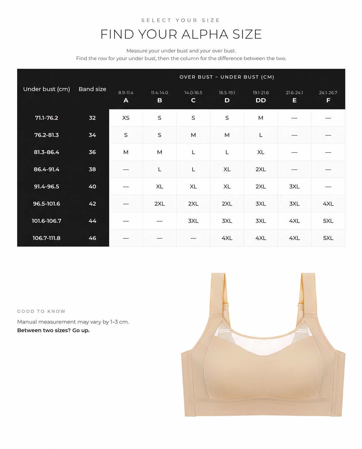 No-Spill Full Coverage Seamless Support Bra - FirmaSmooth size guide