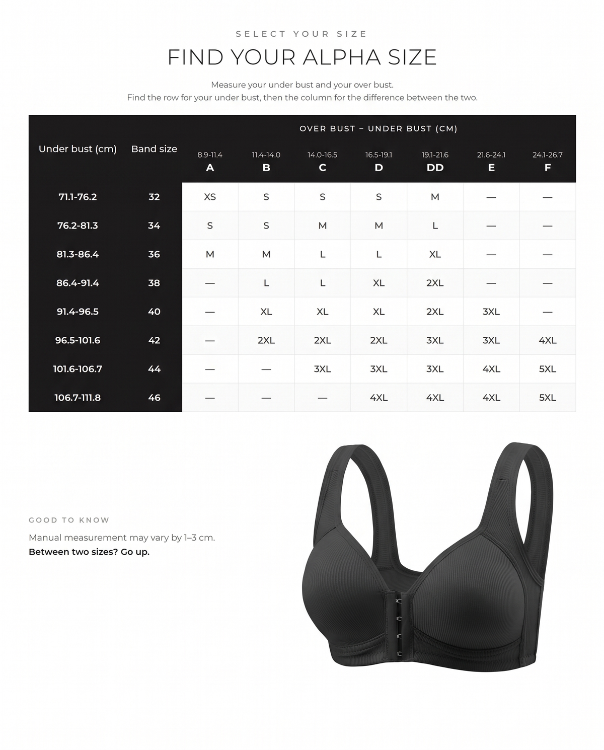 Easy-On Front Closure Wireless Support Bra - FirmaSoft size guide