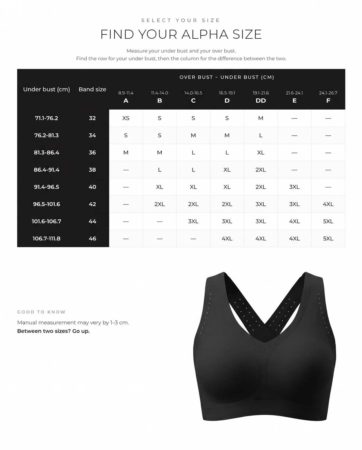 Breathable Cross-Back Wireless Sports Bra - FirmaActive size guide