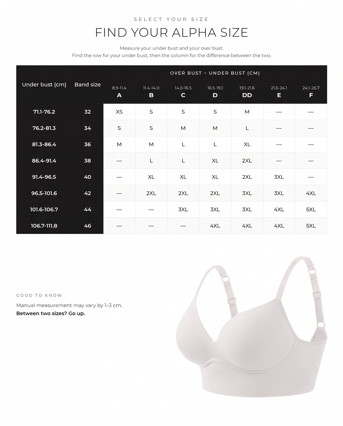 Deep-V Wireless Lift Bralette - FirmaLift size guide