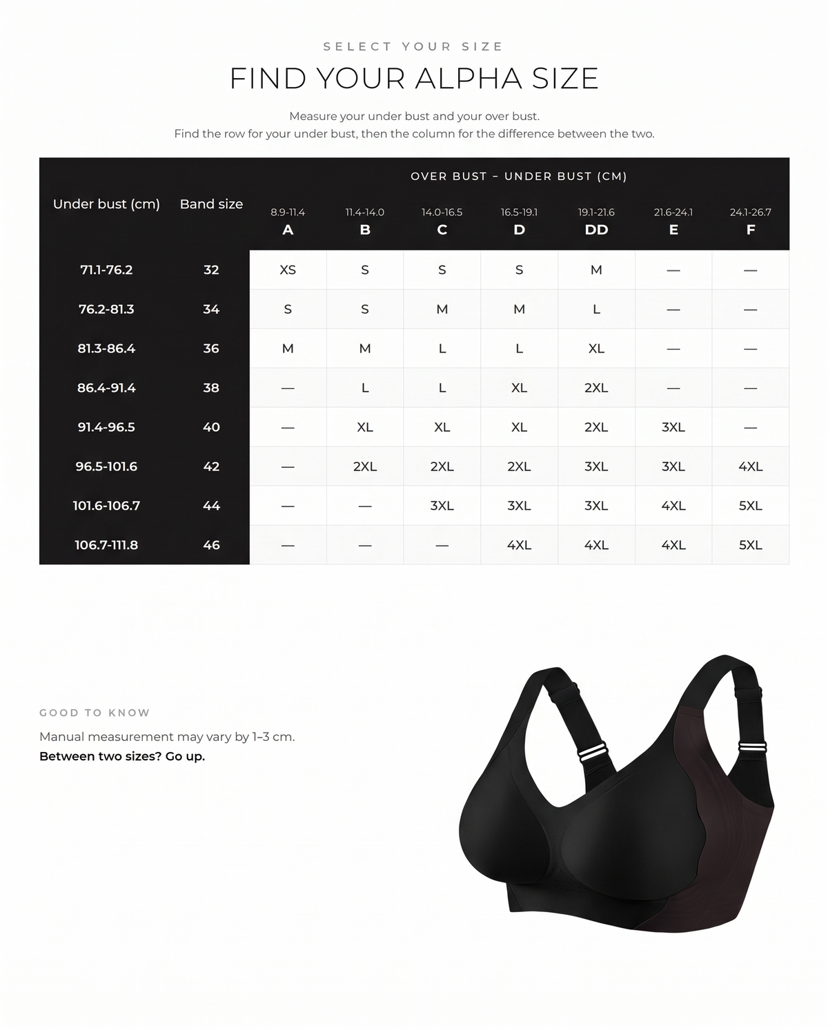 Wireless Jelly Support Lift Bra - FirmaLift size guide