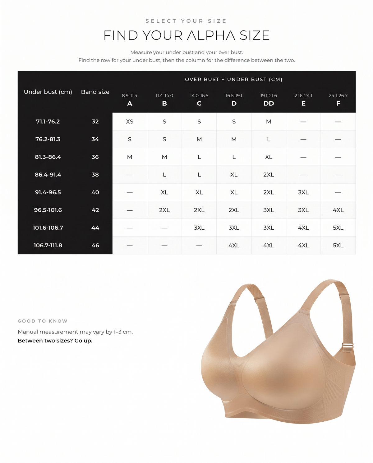 Luxury Satin Seamless Wireless Support Bra - FirmaSoft size guide