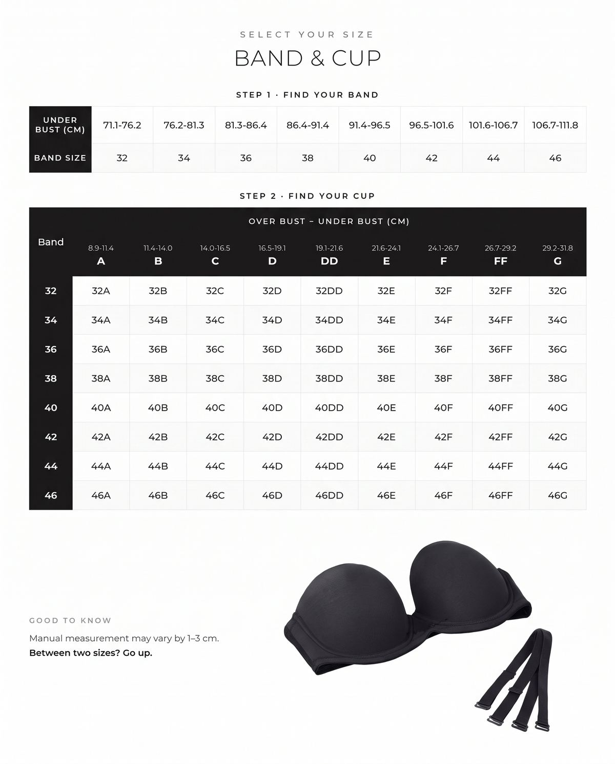 Underwire Bandeau Bra with Removable Straps - FirmFlex size guide