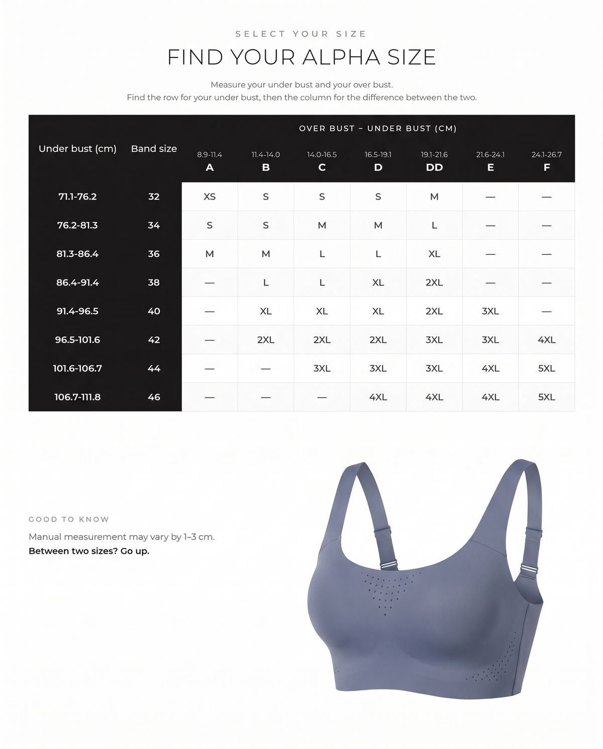 Wireless Ventilated Sports Bra - FirmaActive size guide